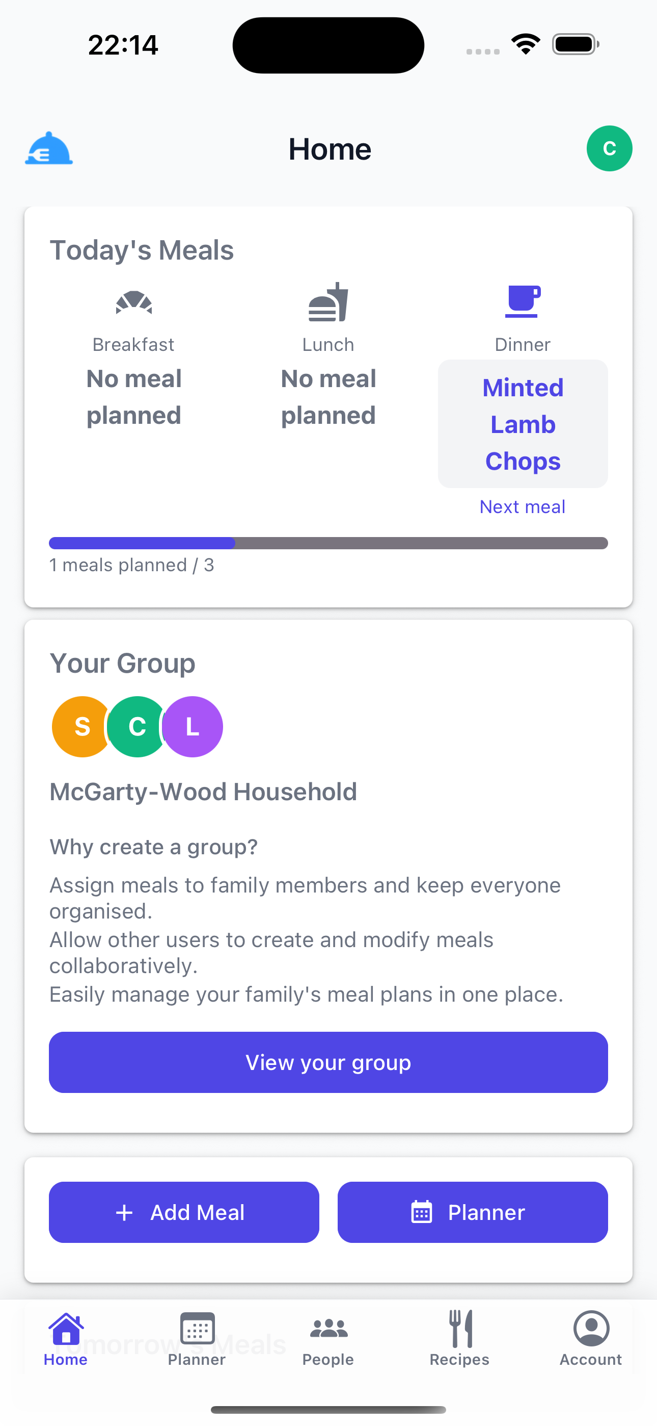Lilara home screen showing today's meals and family group