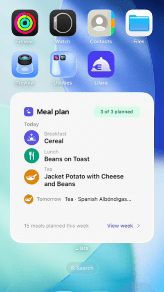 Lilara-Widget auf dem iOS-Homescreen mit dem heutigen Fr&uuml;hst&uuml;ck, Mittag- und Abendessen, der Mahlzeit von morgen und f&uuml;nfzehn geplanten Mahlzeiten in dieser Woche