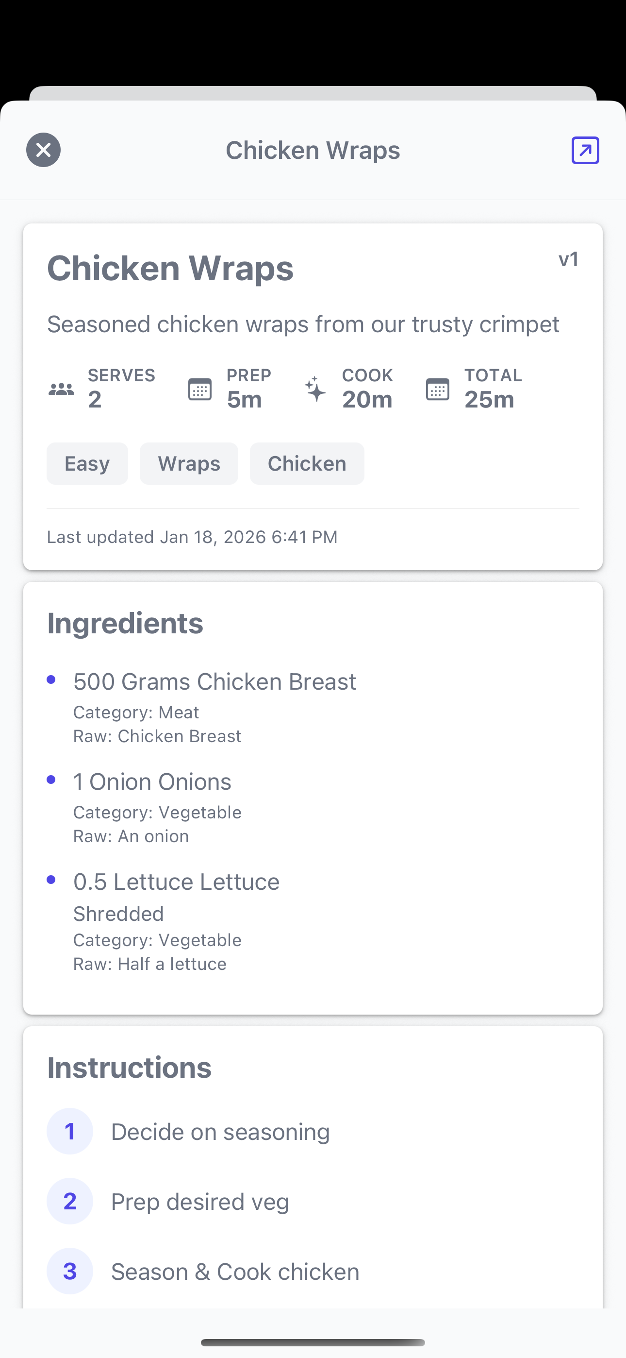 Lilara recipe detail screen for Chicken Wraps showing serves 2, 25 minute total time, full ingredients list including chicken breast and lettuce, and step-by-step instructions